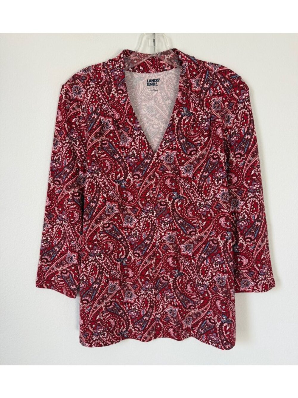 Lands' End 3/4 Sleeve Split V-Neck Paisley Cotton Blend Blouse Women's Size S